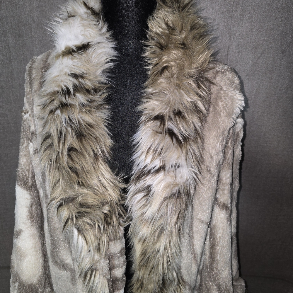 Adrienne Landau Brown & Cream Faux Fur Trim Spotted Kimono Jacket Womens Large - Picture 4 of 15